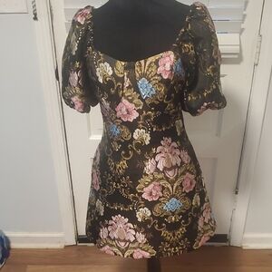 Honey & Beau Floral Puff Sleeve Dress - Black, Pink, Blue